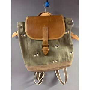 vintage L.L.Bean canvas backpack - dog embroidery pattern and leather trim.
